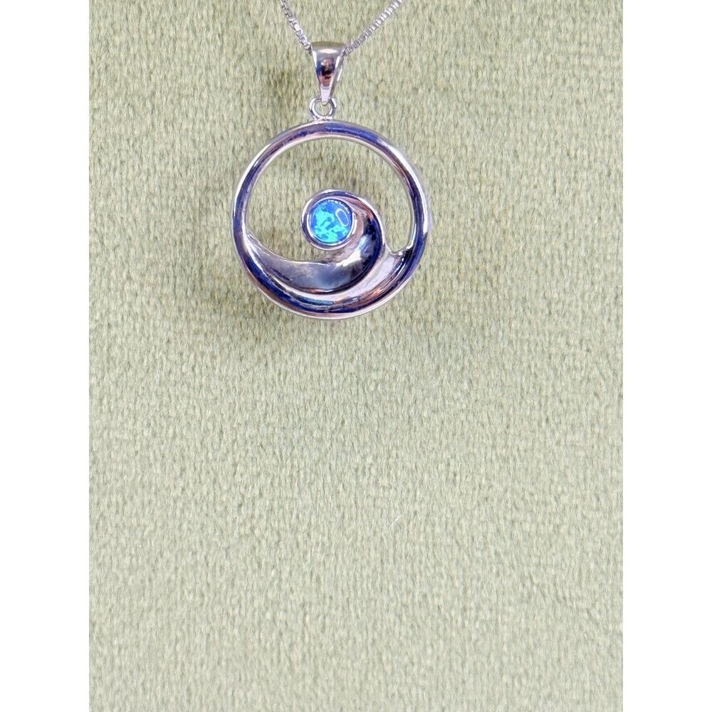Hawaiian Blue Topaz Ocean Wave Sterling Silver Pendant